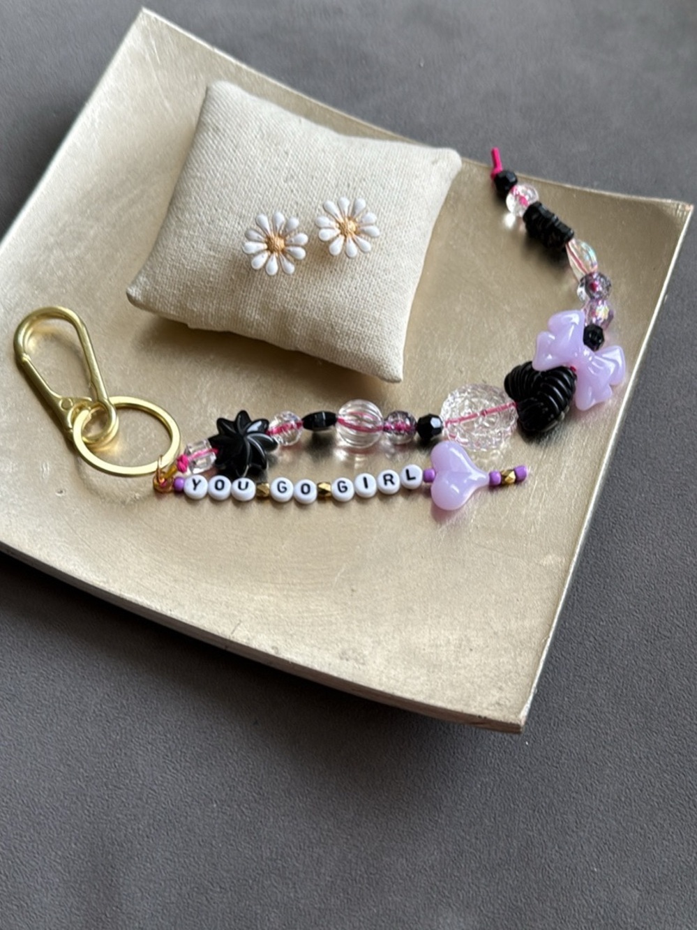 You Go Girl Lavender & Black Beaded Keychain Charm Daisy Earrings Included Fun